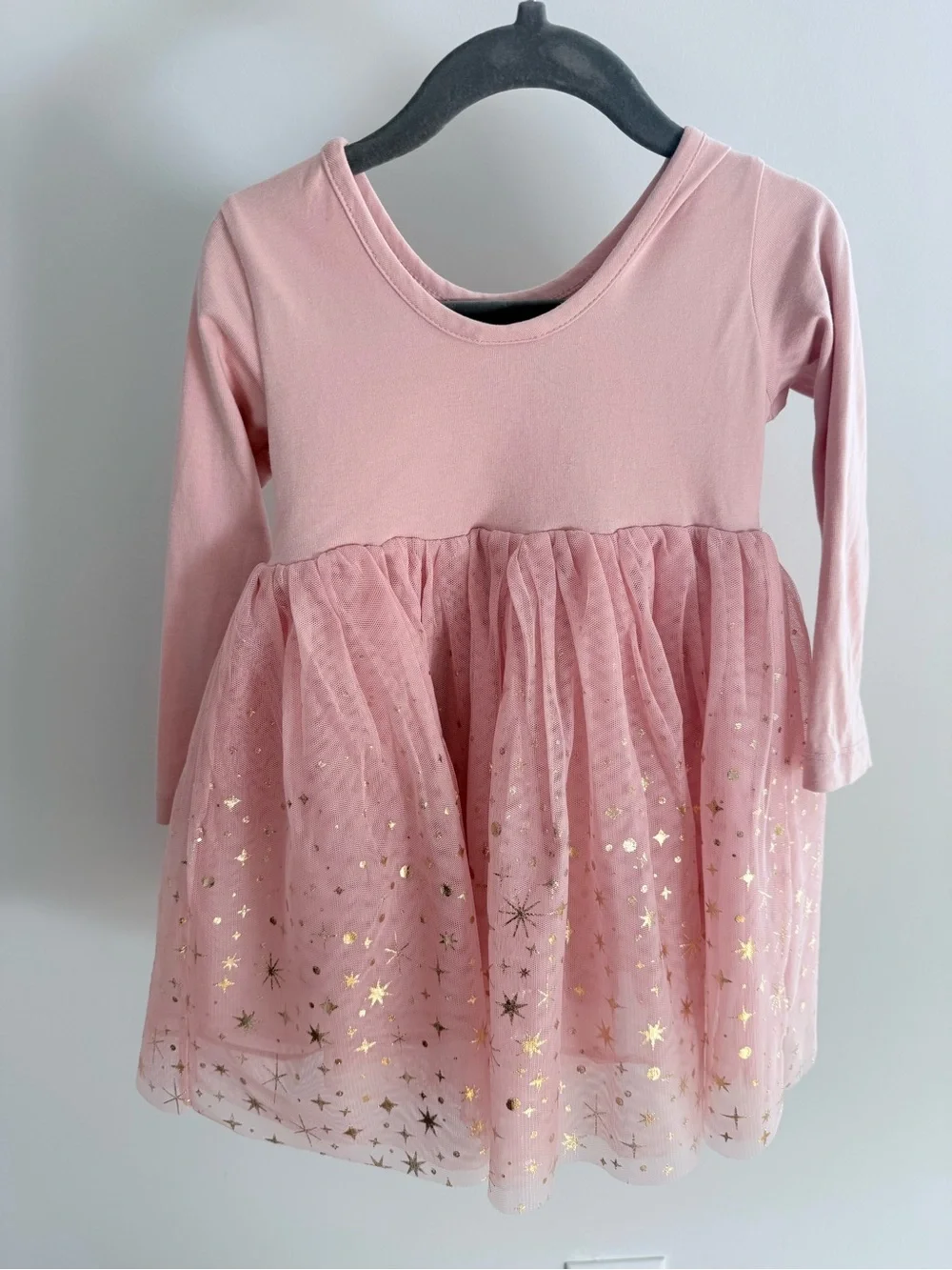 Hanna Andersson Pink Long-Sleeve Tulle Dress with Gold Star Detail